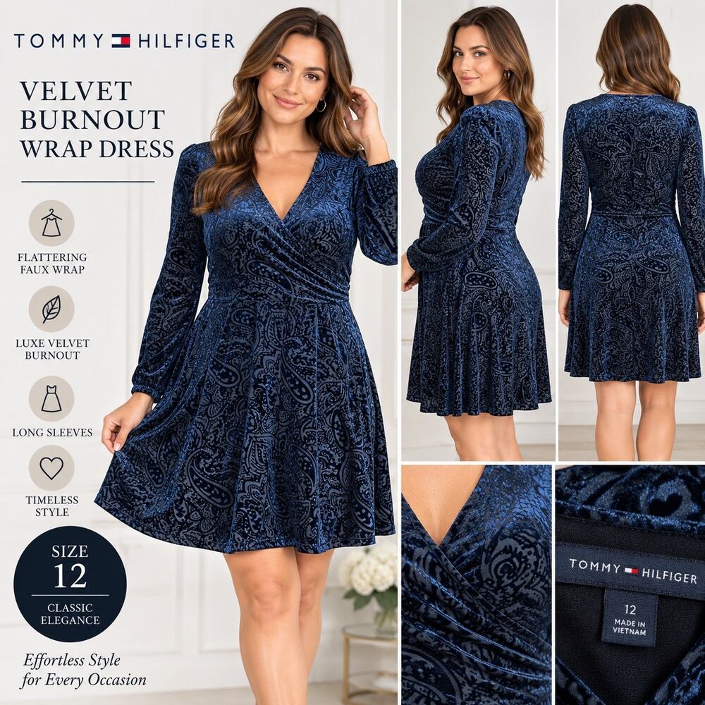 Tommy Hilfiger Womens Velvet Burnout Faux Wrap Dress Blue Paisley Long Sleeve 12